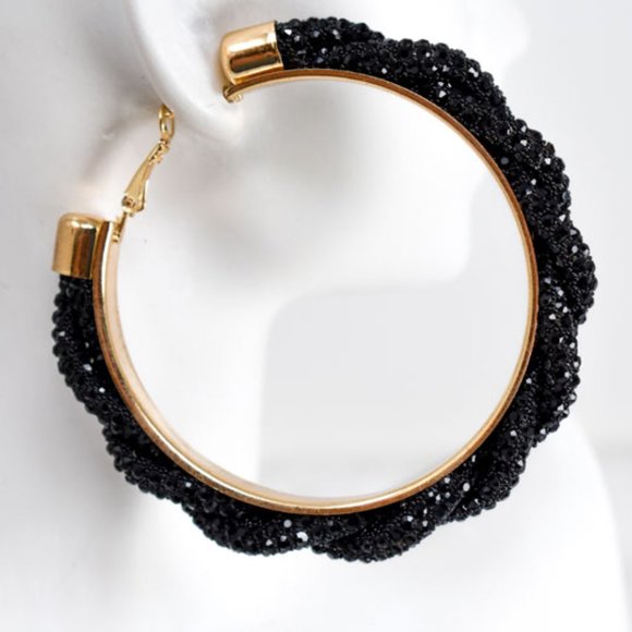 3" Boho Braid Twist Black Rhinestone Hoop Earrings - Picture 8 of 12